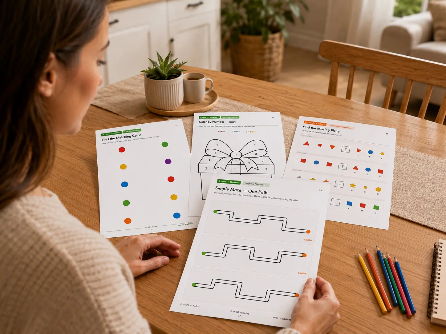 Choosing a FocusFlow Kids printable activity page