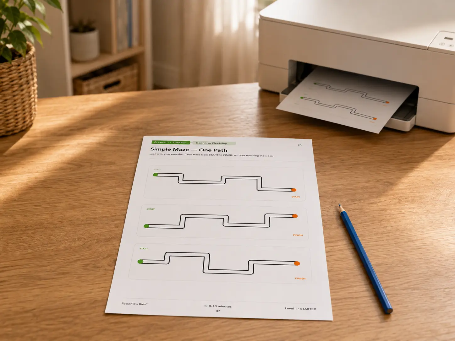 A printed FocusFlow Kids activity page ready to use