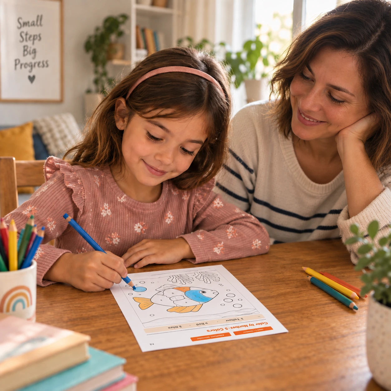 A parent alongside a child working on a printable FocusFlow Kids activity at home