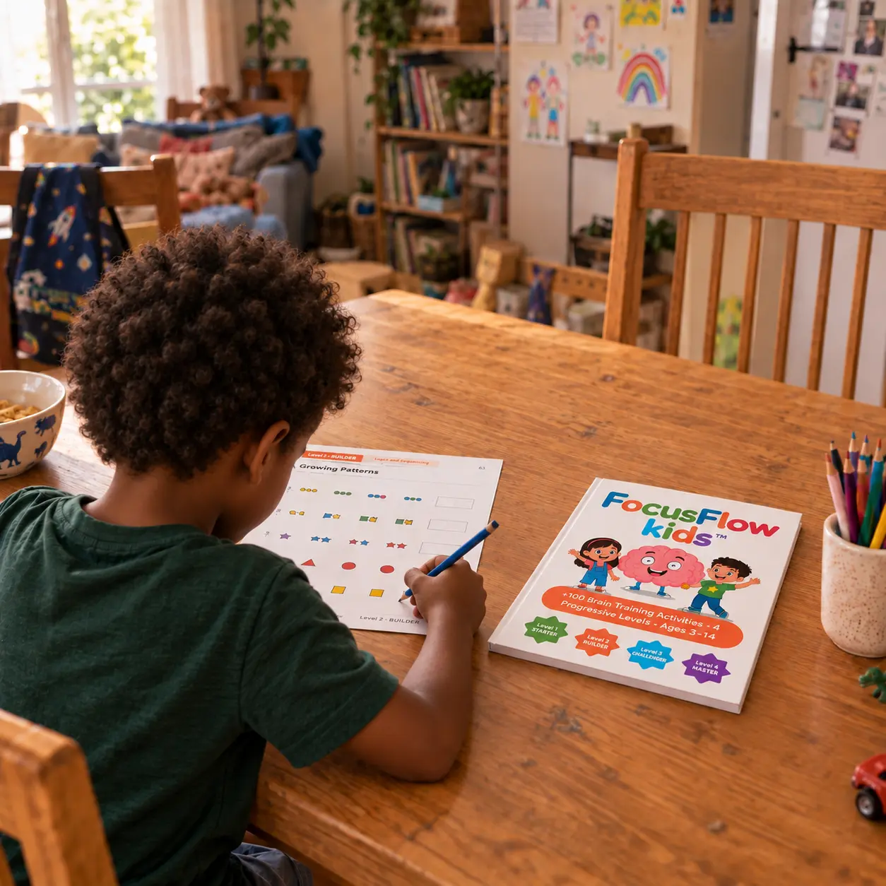 A child working on a FocusFlow Kids printable activity, showing a visible moment of progress
