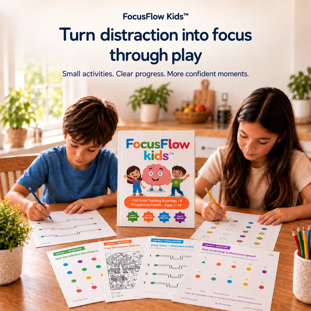 FocusFlow Kids product mockup with children working on printable activities