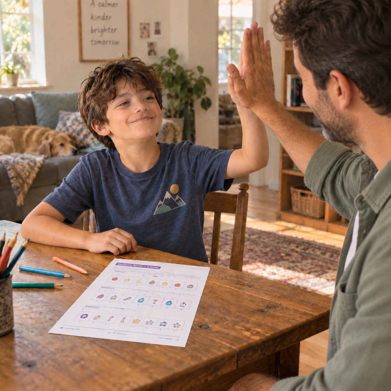 Father and child celebrating a small win after completing a FocusFlow Kids activity