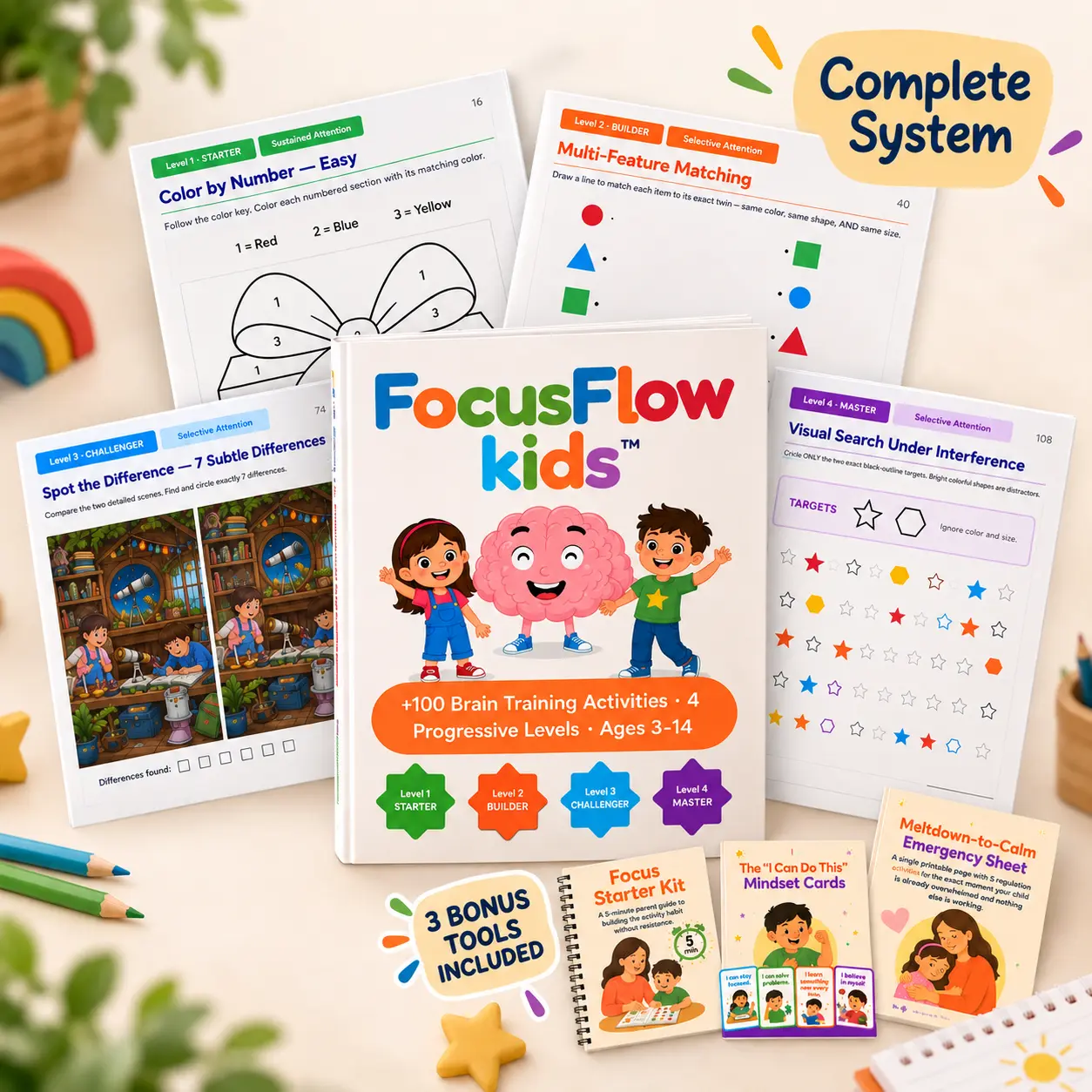 FocusFlow Kids Complete System mockup showing the main cover, four level covers, sample activity pages, and three bonus tools